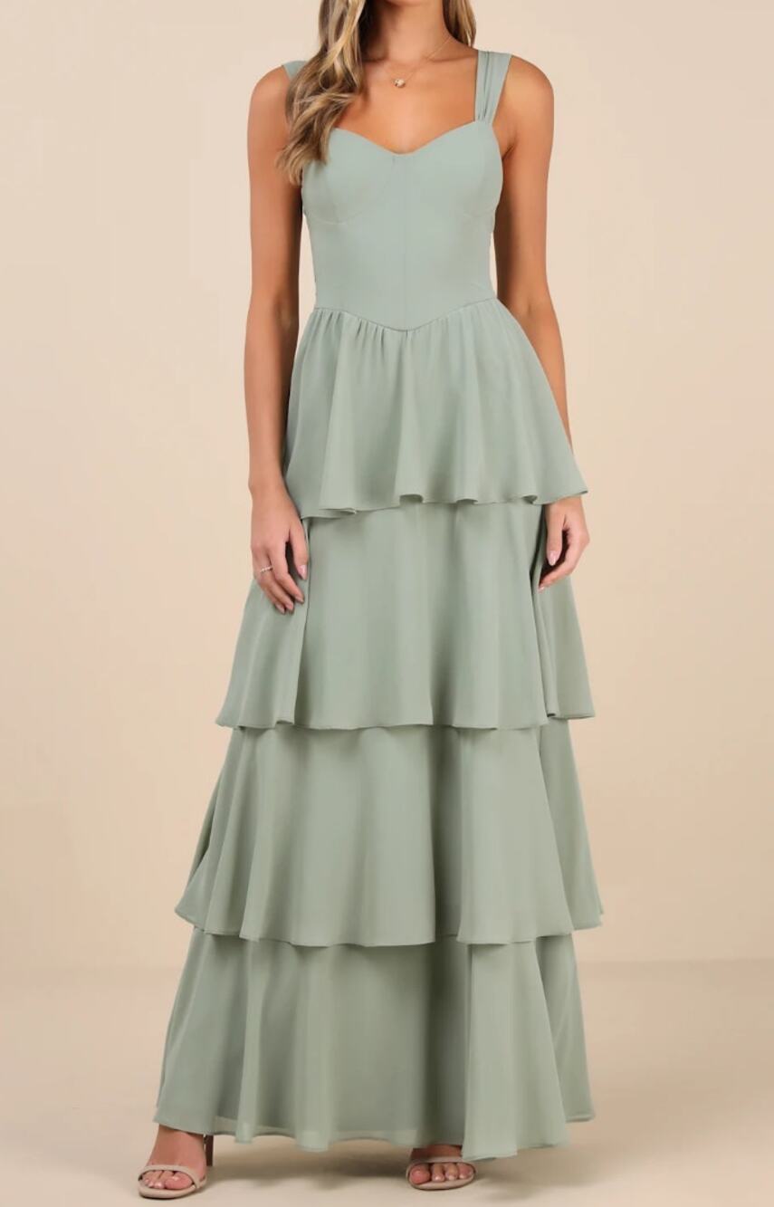 Lulus Carlynda Tiered Bustier Maxi Dress in Sage Brush